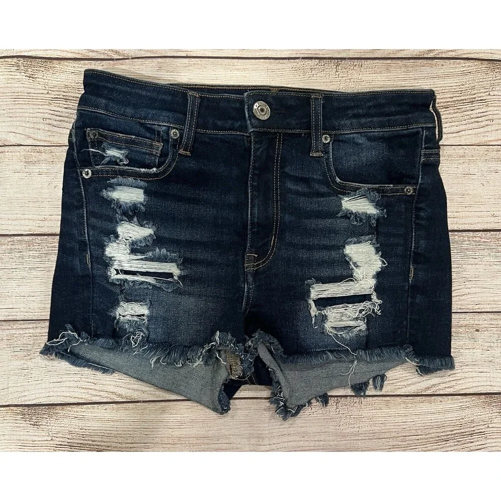 American Eagle Women's Next Level Stretch Jean Shorts Hi Rise Distressed Size 6
